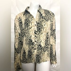 Jennifer Lloyd Leopard Crinkle Crepe Size L Blouse Taupe Animal Print Shirt